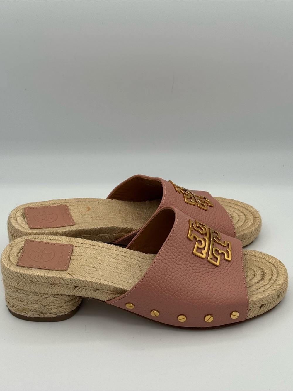 Tory Burch Britten Espadrille Leather Slide Sandals Mules Pink Moon Gold Logo - Picture 5 of 13